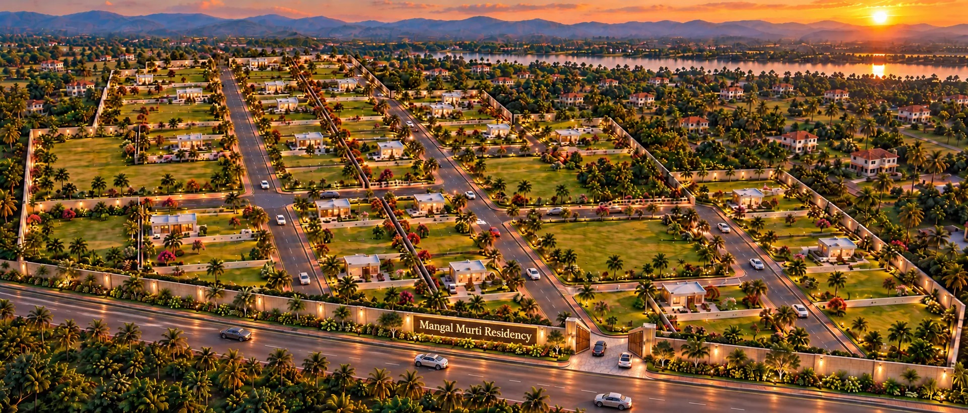 Mangal Murti Residency, Abhaypur North Guwahati — aerial view of the gated plotted township at sunset